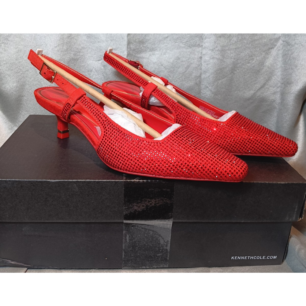 Kenneth Cole Red Rhinestone Slingback Kitten Heels Sz 6M Glam Party Shoe NIB - Picture 3 of 8